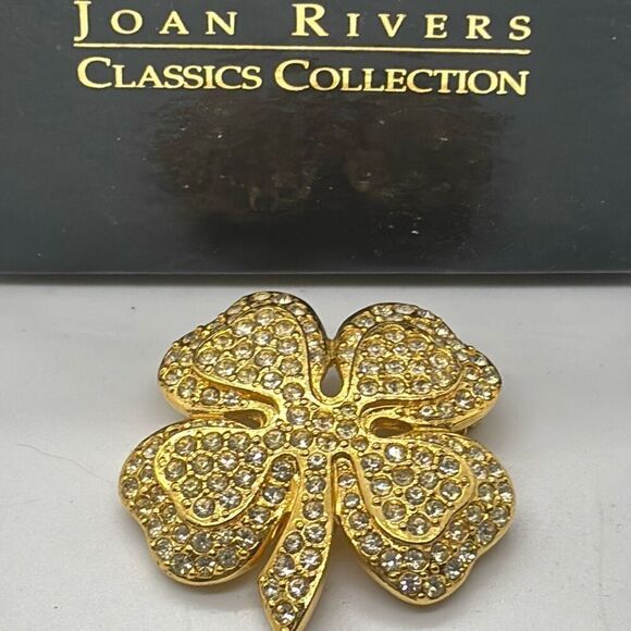 Vtg Joan Rivers signed 4 leaf Clover rhinestone crystal pin brooch shamrock +box - Picture 7 of 8